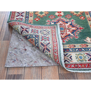 2'8"x9'10" Marine Green, Kazak with Geometric Medallions Design, Hand Knotted, Soft and Velvety Wool, Vegetable Dyes, Denser Weave, Runner, Oriental Rug Sh476 FWR2856