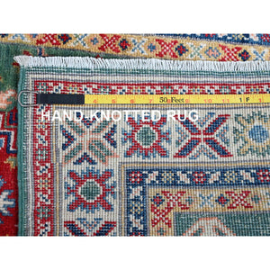 2'8"x9'10" Marine Green, Kazak with Geometric Medallions Design, Hand Knotted, Soft and Velvety Wool, Vegetable Dyes, Denser Weave, Runner, Oriental Rug Sh476 FWR2856