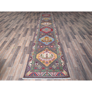 2'8"x12' Quail Gray, Kazak with Tribal Medallions Design, Hand Knotted, Soft and Velvety Wool, Denser Weave, Vegetable Dyes, Runner, Oriental Rug Sh477 FWR2862