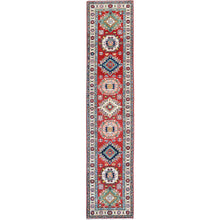 Load image into Gallery viewer, 2&#39;7&quot;x12&#39;7&quot; Berry Red, Kazak with Tribal Medallions Design, Hand Knotted, Soft and Shiny Wool, Vegetable Dyes, Denser Weave, Runner, Oriental Rug Sh479 FWR2874