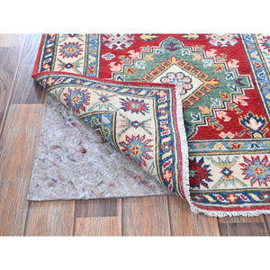 2'7"x12'7" Berry Red, Kazak with Tribal Medallions Design, Hand Knotted, Soft and Shiny Wool, Vegetable Dyes, Denser Weave, Runner, Oriental Rug Sh479 FWR2874