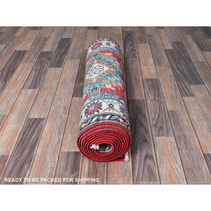 2'7"x12'7" Berry Red, Kazak with Tribal Medallions Design, Hand Knotted, Soft and Shiny Wool, Vegetable Dyes, Denser Weave, Runner, Oriental Rug Sh479 FWR2874