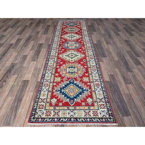 2'9"x9'6" Ajax Red, Kazak with Geometric Medallions Design, Hand Knotted, Soft and Shiny Wool, Denser Weave, Vegetable Dyes, Runner, Oriental Rug Sh480 FWR2880
