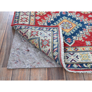 2'9"x9'6" Ajax Red, Kazak with Geometric Medallions Design, Hand Knotted, Soft and Shiny Wool, Denser Weave, Vegetable Dyes, Runner, Oriental Rug Sh480 FWR2880