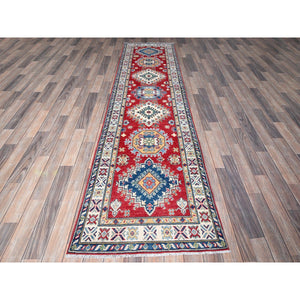 2'7"x10' Arsenal Red, Kazak with Tribal Medallions Design, Hand Knotted, Soft and Vibrant Wool, Vegetable Dyes, Denser Weave, Runner, Oriental Rug Sh481 FWR2886