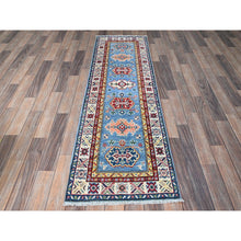Load image into Gallery viewer, 2&#39;x6&#39;6&quot; Maya Blue, Kazak with Tribal Medallions Design, Soft and Velvety Wool, Hand Knotted, Denser Weave, Vegetable Dyes, Narrow Runner, Oriental Rug FWR2904