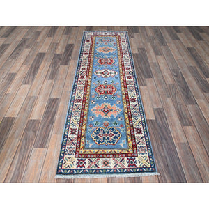 2'x6'6" Maya Blue, Kazak with Tribal Medallions Design, Soft and Velvety Wool, Hand Knotted, Denser Weave, Vegetable Dyes, Narrow Runner, Oriental Rug FWR2904