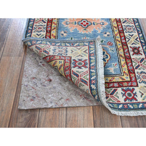 2'x6'6" Maya Blue, Kazak with Tribal Medallions Design, Soft and Velvety Wool, Hand Knotted, Denser Weave, Vegetable Dyes, Narrow Runner, Oriental Rug FWR2904