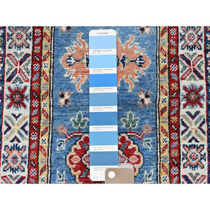 2'x6'6" Maya Blue, Kazak with Tribal Medallions Design, Soft and Velvety Wool, Hand Knotted, Denser Weave, Vegetable Dyes, Narrow Runner, Oriental Rug FWR2904