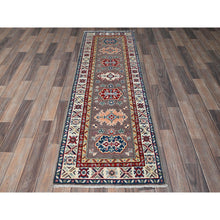 Load image into Gallery viewer, 2&#39;x6&#39;5&quot; Fossil Gray, Kazak with Tribal Medallions Design, Soft and Velvety Wool, Hand Knotted, Denser Weave, Vegetable Dyes, Narrow Runner, Oriental Rug FWR2916