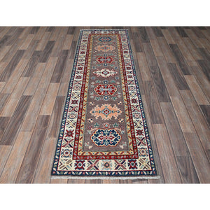 2'x6'5" Fossil Gray, Kazak with Tribal Medallions Design, Soft and Velvety Wool, Hand Knotted, Denser Weave, Vegetable Dyes, Narrow Runner, Oriental Rug FWR2916