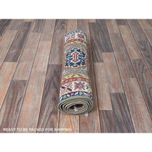 Load image into Gallery viewer, 2&#39;x6&#39;5&quot; Fossil Gray, Kazak with Tribal Medallions Design, Soft and Velvety Wool, Hand Knotted, Denser Weave, Vegetable Dyes, Narrow Runner, Oriental Rug FWR2916