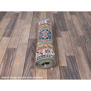 2'x6'5" Fossil Gray, Kazak with Tribal Medallions Design, Soft and Velvety Wool, Hand Knotted, Denser Weave, Vegetable Dyes, Narrow Runner, Oriental Rug FWR2916