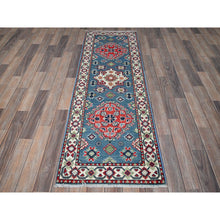 Load image into Gallery viewer, 2&#39;1&quot;x6&#39;1&quot; Imperial Blue, Kazak with Geometric Medallion Design, Soft and Shiny Wool, Hand Knotted, Denser Weave, Vegetable Dyes, Narrow Runner, Oriental Rug FWR2922
