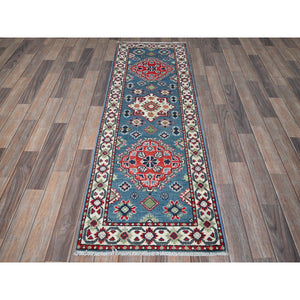 2'1"x6'1" Imperial Blue, Kazak with Geometric Medallion Design, Soft and Shiny Wool, Hand Knotted, Denser Weave, Vegetable Dyes, Narrow Runner, Oriental Rug FWR2922