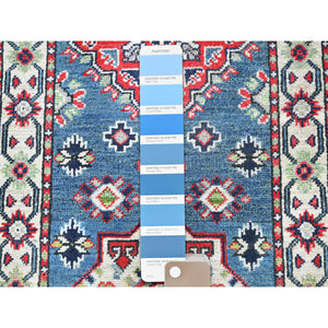 2'1"x6'1" Imperial Blue, Kazak with Geometric Medallion Design, Soft and Shiny Wool, Hand Knotted, Denser Weave, Vegetable Dyes, Narrow Runner, Oriental Rug FWR2922
