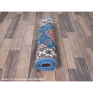 2'1"x6'1" Imperial Blue, Kazak with Geometric Medallion Design, Soft and Shiny Wool, Hand Knotted, Denser Weave, Vegetable Dyes, Narrow Runner, Oriental Rug FWR2922