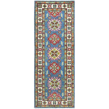 Load image into Gallery viewer, 2&#39;3&quot;x6&#39; Carolina Blue, Kazak with Tribal Medallions Design, Hand Knotted, Soft and Velvety Wool, Denser Weave, Vegetable Dyes, Narrow Runner, Oriental Rug Sh488 FWR2928