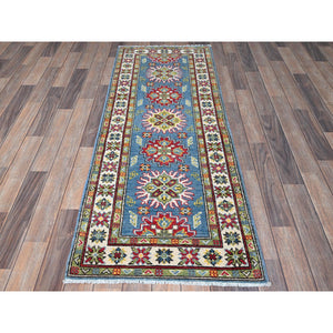 2'3"x6' Carolina Blue, Kazak With Tribal Medallions Design, Hand Knotted, Soft And Velvety Wool, Denser Weave, Vegetable Dyes, Narrow Runner, Oriental Rug FWR2928