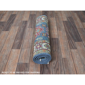 2'3"x6' Carolina Blue, Kazak with Tribal Medallions Design, Hand Knotted, Soft and Velvety Wool, Denser Weave, Vegetable Dyes, Narrow Runner, Oriental Rug Sh488 FWR2928