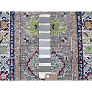 2'1"x5'10" Frost Gray, Kazak with Tribal Medallions Design, Soft and Velvety Wool, Hand Knotted, Denser Weave, Vegetable Dyes, Narrow Runner, Oriental Rug FWR2934