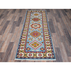 2'1"x5'9" Baby Blue, Kazak with Geometric Medallions Design, Hand Knotted, Soft and Velvety Wool, Denser Weave, Vegetable Dyes, Narrow Runner, Oriental Rug FWR2952