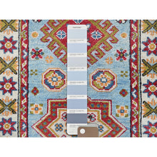 Load image into Gallery viewer, 2&#39;1&quot;x5&#39;9&quot; Baby Blue, Kazak with Geometric Medallions Design, Hand Knotted, Soft and Velvety Wool, Denser Weave, Vegetable Dyes, Narrow Runner, Oriental Rug FWR2952