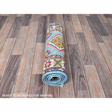 Load image into Gallery viewer, 2&#39;1&quot;x5&#39;9&quot; Baby Blue, Kazak with Geometric Medallions Design, Hand Knotted, Soft and Velvety Wool, Denser Weave, Vegetable Dyes, Narrow Runner, Oriental Rug FWR2952