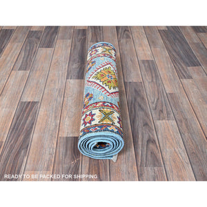 2'1"x5'9" Baby Blue, Kazak with Geometric Medallions Design, Hand Knotted, Soft and Velvety Wool, Denser Weave, Vegetable Dyes, Narrow Runner, Oriental Rug FWR2952