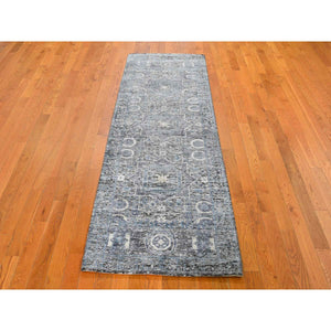 2'7"x8'1" Silk With Textured Wool Hi-low Pile Mamluk Design Hand Knotted Runner Oriental Rug FWR296736