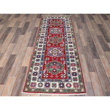 Load image into Gallery viewer, 2&#39;1&quot;x6&#39; Crimson Red, Kazak with Tribal Medallions Design, Hand Knotted, Vegetable Dyes, Soft and Shiny Wool, Denser Weave, Narrow Runner, Oriental Rug FWR2964