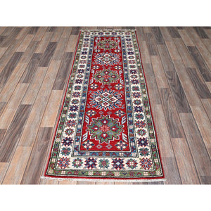 2'1"x6' Crimson Red, Kazak with Tribal Medallions Design, Hand Knotted, Vegetable Dyes, Soft and Shiny Wool, Denser Weave, Narrow Runner, Oriental Rug FWR2964