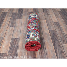 Load image into Gallery viewer, 2&#39;1&quot;x6&#39; Crimson Red, Kazak with Tribal Medallions Design, Hand Knotted, Vegetable Dyes, Soft and Shiny Wool, Denser Weave, Narrow Runner, Oriental Rug FWR2964