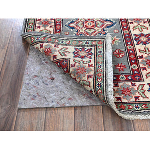 2'2"x6' Misty Gray, Kazak with Tribal Medallions Design, Soft and Velvety Wool, Hand Knotted, Denser Weave, Vegetable Dyes, Narrow Runner, Oriental Rug Sh498 FWR2988