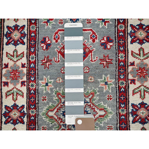 2'2"x6' Misty Gray, Kazak with Tribal Medallions Design, Soft and Velvety Wool, Hand Knotted, Denser Weave, Vegetable Dyes, Narrow Runner, Oriental Rug Sh498 FWR2988