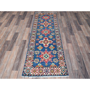 2'x5'9" Imperial Blue, Kazak with Tribal Medallions Design, Hand Knotted, Soft and Velvety Wool, Denser Weave, Vegetable Dyes, Narrow Runner, Oriental Rug FWR2994