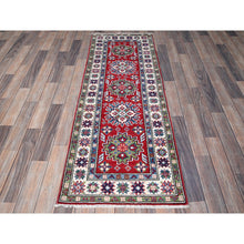 Load image into Gallery viewer, 2&#39;1&quot;x6&#39; Berry Red, Kazak with Tribal Medallions Design, Hand Knotted, Soft and Shiny Wool, Denser Weave, Vegetable Dyes, Narrow Runner, Oriental Rug FWR3000