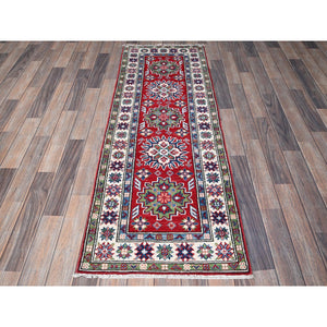 2'1"x6' Berry Red, Kazak with Tribal Medallions Design, Hand Knotted, Soft and Shiny Wool, Denser Weave, Vegetable Dyes, Narrow Runner, Oriental Rug FWR3000