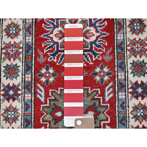2'1"x6' Berry Red, Kazak with Tribal Medallions Design, Hand Knotted, Soft and Shiny Wool, Denser Weave, Vegetable Dyes, Narrow Runner, Oriental Rug FWR3000