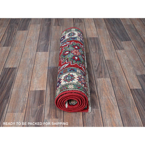 2'1"x6' Berry Red, Kazak with Tribal Medallions Design, Hand Knotted, Soft and Shiny Wool, Denser Weave, Vegetable Dyes, Narrow Runner, Oriental Rug FWR3000