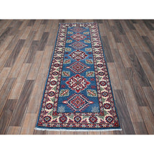Load image into Gallery viewer, 2&#39;1&quot;x5&#39;10&quot; Imperial Blue, Kazak with Tribal Medallions Design, Hand Knotted, Soft and Velvety Wool, Denser Weave, Vegetable Dyes, Narrow Runner, Oriental Rug FWR3006