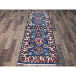 2'1"x5'10" Imperial Blue, Kazak with Tribal Medallions Design, Hand Knotted, Soft and Velvety Wool, Denser Weave, Vegetable Dyes, Narrow Runner, Oriental Rug FWR3006