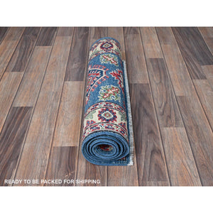 2'1"x5'10" Imperial Blue, Kazak with Tribal Medallions Design, Hand Knotted, Soft and Velvety Wool, Denser Weave, Vegetable Dyes, Narrow Runner, Oriental Rug FWR3006