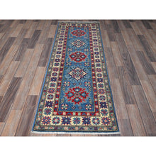 Load image into Gallery viewer, 2&#39;x5&#39;10&quot; Bayern Blue, Kazak with Tribal Medallions Design, Hand Knotted, Soft and Vibrant Wool, Denser Weave, Vegetable Dyes, Narrow Runner, Oriental Rug FWR3012