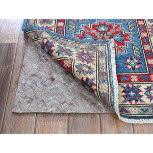 2'x5'10" Bayern Blue, Kazak with Tribal Medallions Design, Hand Knotted, Soft and Vibrant Wool, Denser Weave, Vegetable Dyes, Narrow Runner, Oriental Rug FWR3012
