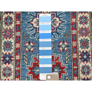 2'x5'10" Bayern Blue, Kazak with Tribal Medallions Design, Hand Knotted, Soft and Vibrant Wool, Denser Weave, Vegetable Dyes, Narrow Runner, Oriental Rug FWR3012