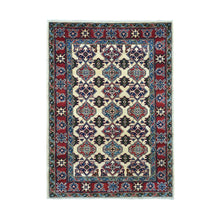 Load image into Gallery viewer, 4&#39;3&quot;x5&#39;7&quot; Ivory Kazak Pure Wool Geometric Design Hand-Knotted Oriental Rug FWR303888