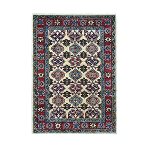 4'3"x5'7" Ivory Kazak Pure Wool Geometric Design Hand-Knotted Oriental Rug FWR303888