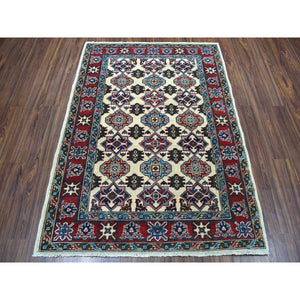 4'3"x5'7" Ivory Kazak Pure Wool Geometric Design Hand-Knotted Oriental Rug FWR303888