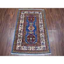 Load image into Gallery viewer, 2&#39;9&quot;x4&#39;2&quot; Blue Super Kazak Pure Wool Geometric Design Hand-Knotted Oriental Rug FWR305346